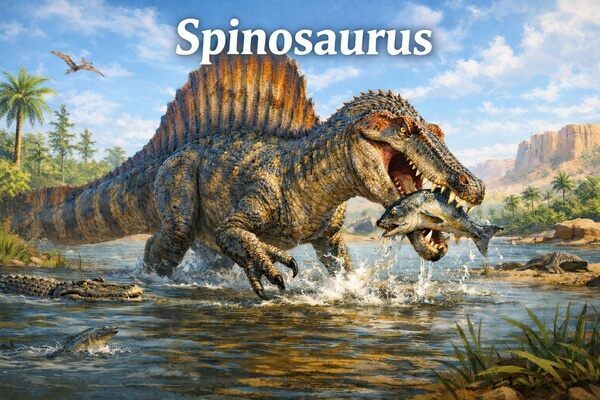 Spinosaurus hunts fish in the rivers of Cretaceous North Africa, perfectly adapted for life in the water-dominated Kem Kem ecosystem.